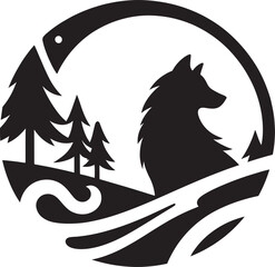 Wolf, trees, river, mountains, circle.