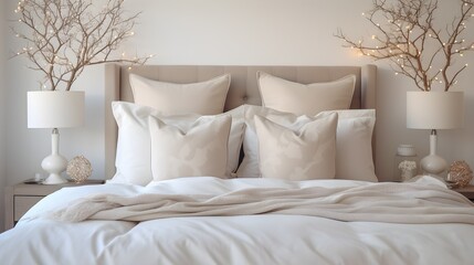 Serene Bedroom Decor Neutral toned Bedding Cozy Throw and Elegant Lighting