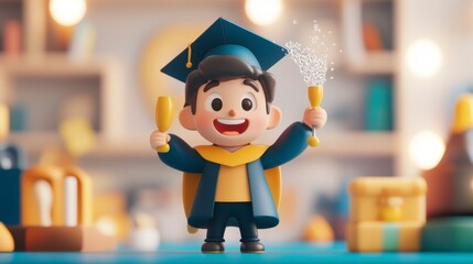 Cheerful Graduate Celebrating with Confetti and Champagne Glasses