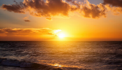 Obraz premium glowing sun setting over calm ocean radiating warmth and positive vibes