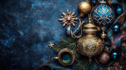 Fototapeta premium Blue Christmas ornaments, teapot, and fabric on dark background