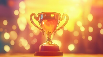 Golden trophy cup symbolizing achievement and success in education awards, celebrating academic excellence and recognition on a glowing bokeh background, perfect for university graduation and congratu