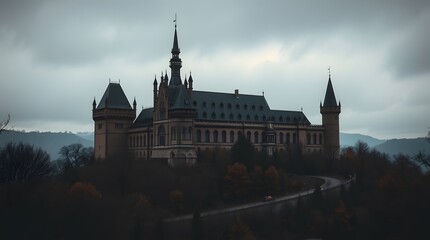 Fototapeta premium Majestic Castle on Hill Under Moody Sky with Serpentine Road