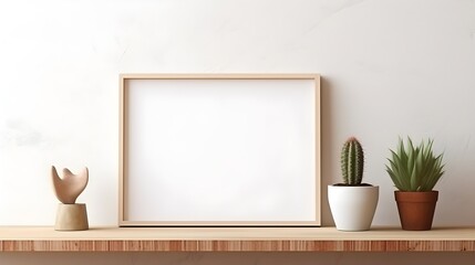 Modern Minimalist Home Decor Blank Frame Succulents and Abstract Sculpture on Wooden Shelf