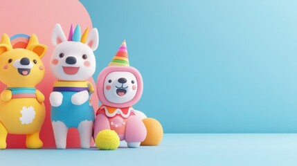 Fototapeta premium Colorful Cute Animal Toys with Party Hats and Cheerful Expressions