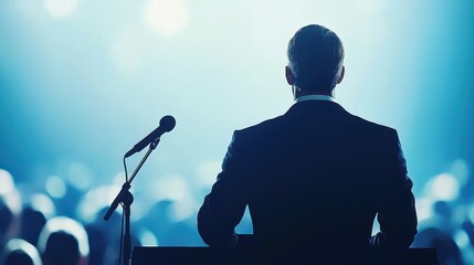 Inspirational Speaker on Stage Delivering Powerful Speech to Engaged Audience in Beautifully Lit Auditorium