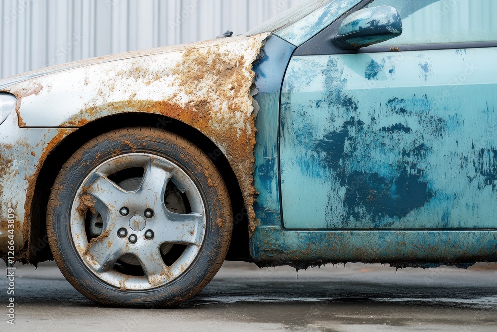 Aufkleber Comparison showing the impact of maintenance on vehicle appearance with a scratched and dirty car next to a shiny polished one. Generative AI