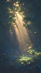 Sunlight filters forest trees, casting rays. For phone wallpaper