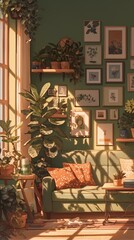 Sunlight filters into a plant-filled living room, with a framed wall