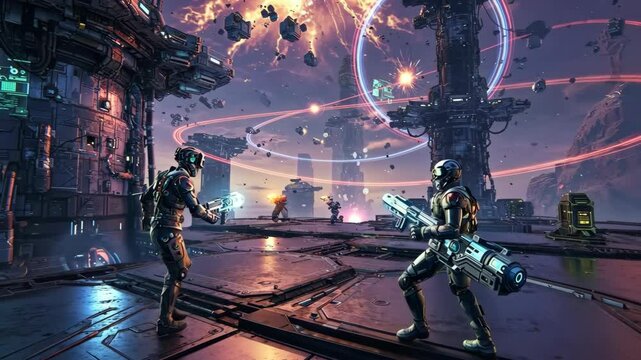 Futuristic Soldiers In Protective Gear With Weapons On A Spaceship