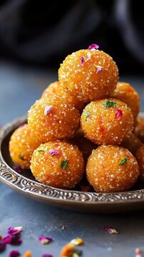 Indian Sweet Motichoor laddoo on a table. selective focus
