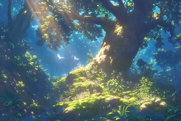 Sunlight filters through tall trees in a serene forest with birds