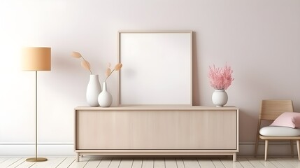 Modern Minimalist Living Room Interior Design with Blank Canvas Wooden Cabinet and Pastel Decor