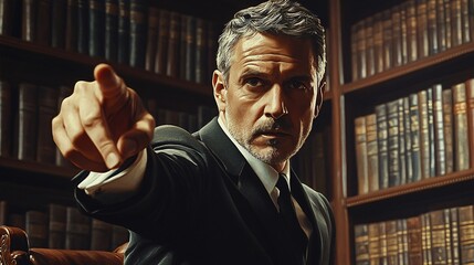 Man in Suit Points Accusingly in Library Setting