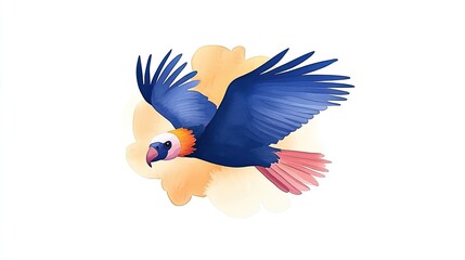 Obraz premium Colorful bird in mid-flight against a soft pastel background, showcasing freedom and nature's beauty