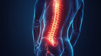 Human spine with glowing structure illustration.