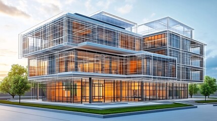 Modern Glass Office Building Warm Evening Light. AI Generated