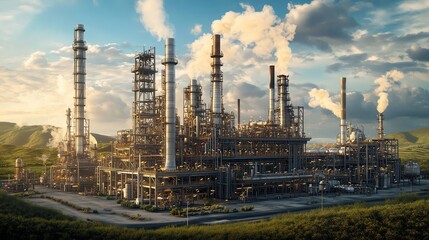 Fototapeta premium Refinery with smokestacks and clear skies.