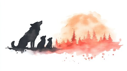Three wolves howling at a sunset, surrounded by a forest of pine trees, creating a serene atmosphere