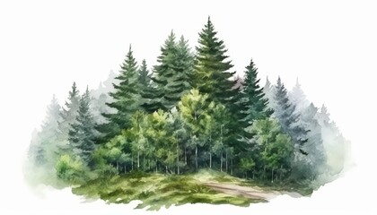 Obraz premium Watercolor forest scene with towering evergreens and lush foliage on a serene, isolated background