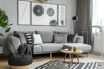 Interior of beautiful living room with comfortable grey sofa with stylish cushions