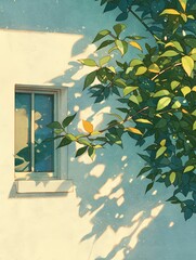 Sunlight on plant, window, and white wall, graphic resource, travel use