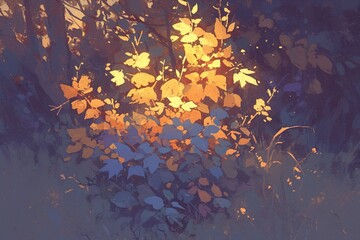Sunlight illuminates leaves in a wooded area, with blurry trees around