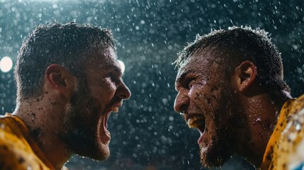 Two Intense Male Rugby Players Celebrating Under Heavy Rain During a Competitive Match, Immersed in Emotion and Team Spirit