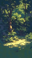 Sunlight shines between tall trees in a lush forest for a background use