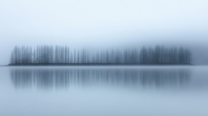 Obraz premium Serene fog-covered lake with silhouetted trees reflecting on calm water, evoking tranquility