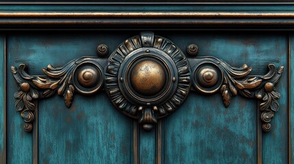 Ornate copper trim on teal wood paneling