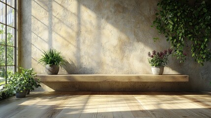 Serene interior with wooden shelf and potted plants, sunlight streaming through large windows