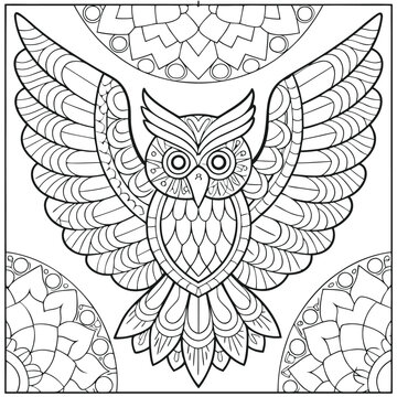 Intricate Owl Coloring Page: Detailed Zentangle Style Owl with Open Wings & Mandala Background for Relaxation & Creative Fun for Adults & Kids