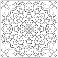 Intricate Floral Mandala Coloring Page: Detailed Square Design with Symmetrical Flower Patterns for Relaxation and Creative Art Therapy