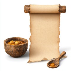 Rustic Wooden Bowl Of Soup With Antique Scroll And Spoon, Generative AI.
