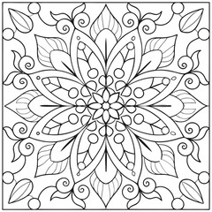 Fototapeta premium Intricate Floral Mandala Coloring Page: Detailed Flower Design, Geometric Patterns, Relaxing Art Therapy, Printable Square Illustration