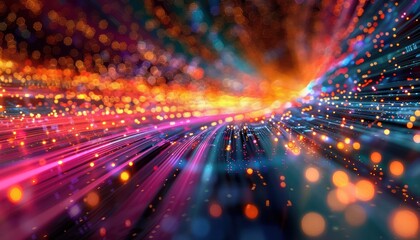 Obraz premium Futuristic international telecommunication network, concept about global data transfer, background with colourful abstract dynamic gradient line flows connecting cityspace around the world