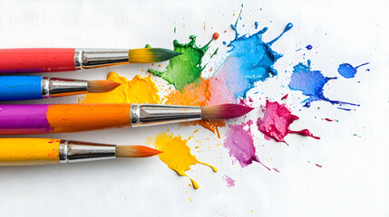 Obraz premium Colorful paintbrushes and vibrant splatters on white background; art supplies