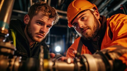 Two Skilled Male Technicians Working Together on Industrial Machinery in a Dimly Lit Workshop, Focused on Precision and Safety while Conducting Repairs