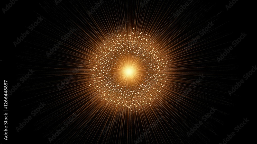 Poster glowing circular burst of light with radiating lines and particles