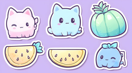 Obraz premium Cute cartoon stickers of cats, fruits, and a pumpkin; perfect for kids' stationery, social media, or digital designs