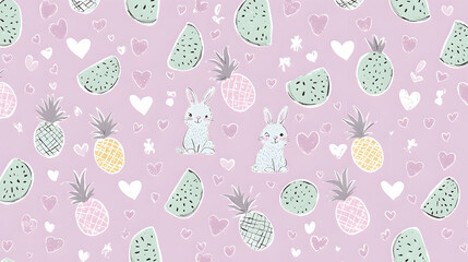 Cute rabbits, pineapples, watermelon slices, and hearts on a pastel pink background; perfect for kids' products or textile design