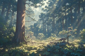 Sunlight through trees in a forest, nature background for poster or banner
