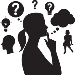 Woman Silhouetted, Thinking, Question Marks.