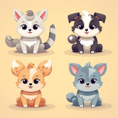 Fototapeta premium Cute cartoon animals sit on a light background. 2D flat illustration.