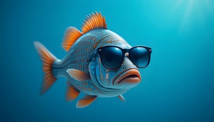 Cool Fish Wearing Sunglasses Swimming Underwater with Blue Background Scene