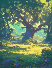 Sunlit clearing among trees in forest, bright light, background trees