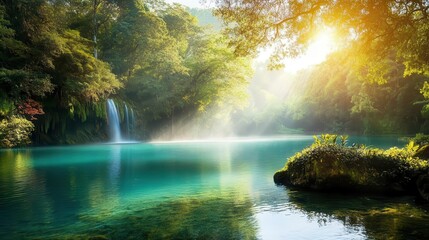 A forest background image showcasing a serene turquoise lake nestled in the heart of an ancient rainforest, surrounded by lush greenery and towering trees