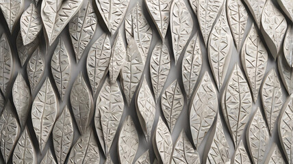 A textured wall features an array of leaf - shaped, 3D elements in shades of gray, arranged in a repetitive pattern for a visually striking effect.