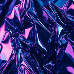 Obraz premium Abstract holographic foil texture, iridescent purple blue folds, crumpled metallic surface, background design, graphic art